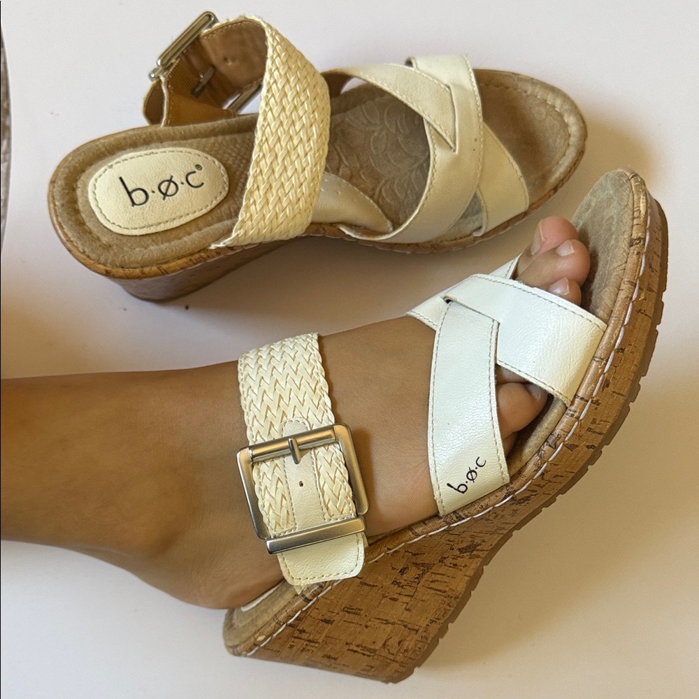 b.o.c. Tan and White Wedge Sandals Size 7